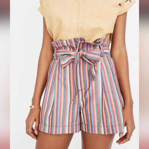 Madewell Striped Paper Bag Cotton Linen Fall Multicolored Shorts 4 - Picture 1 of 12